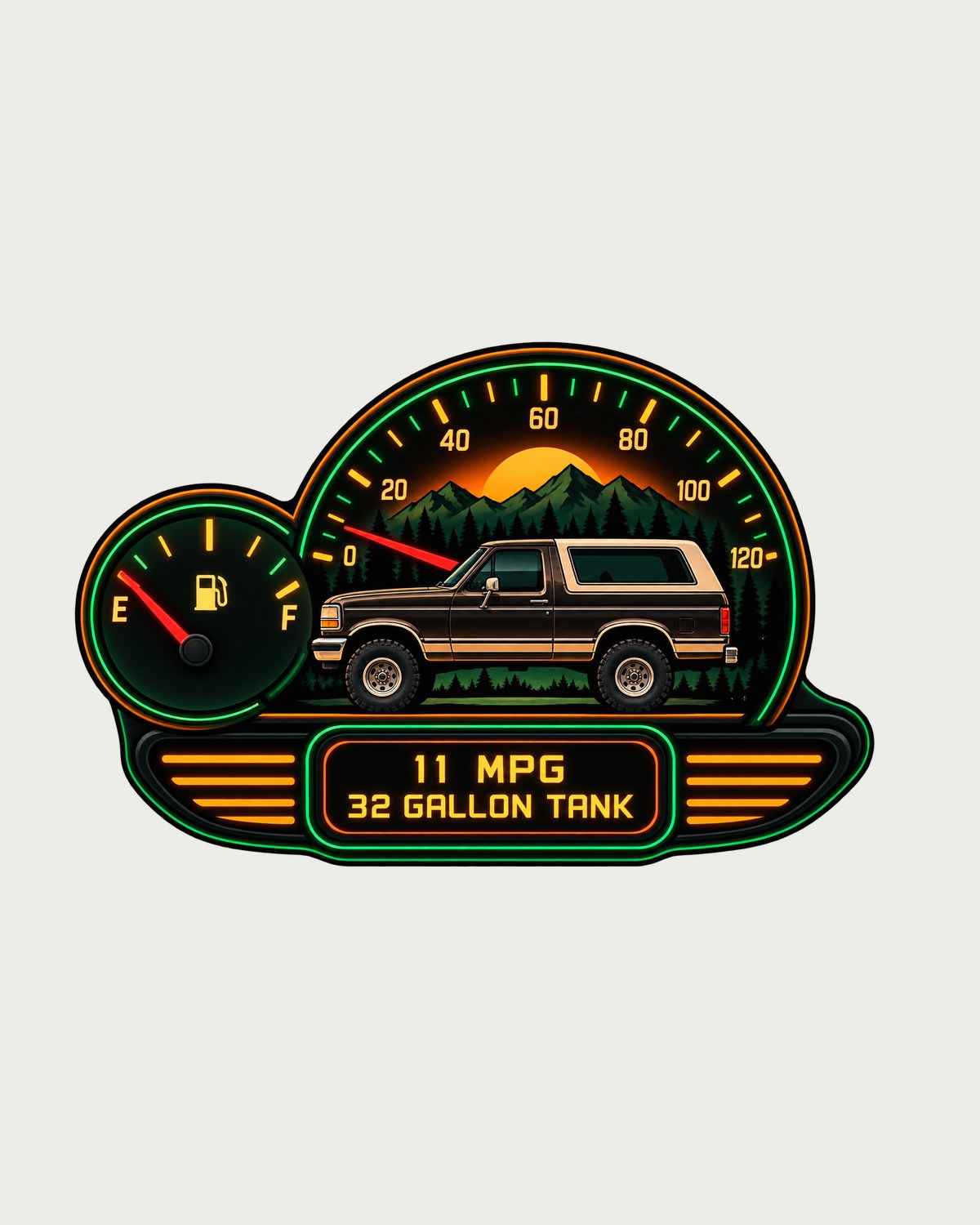 1987-91 Ford Bronco Brick-Nose Cockpit Gauge Cluster HUD Tee design only