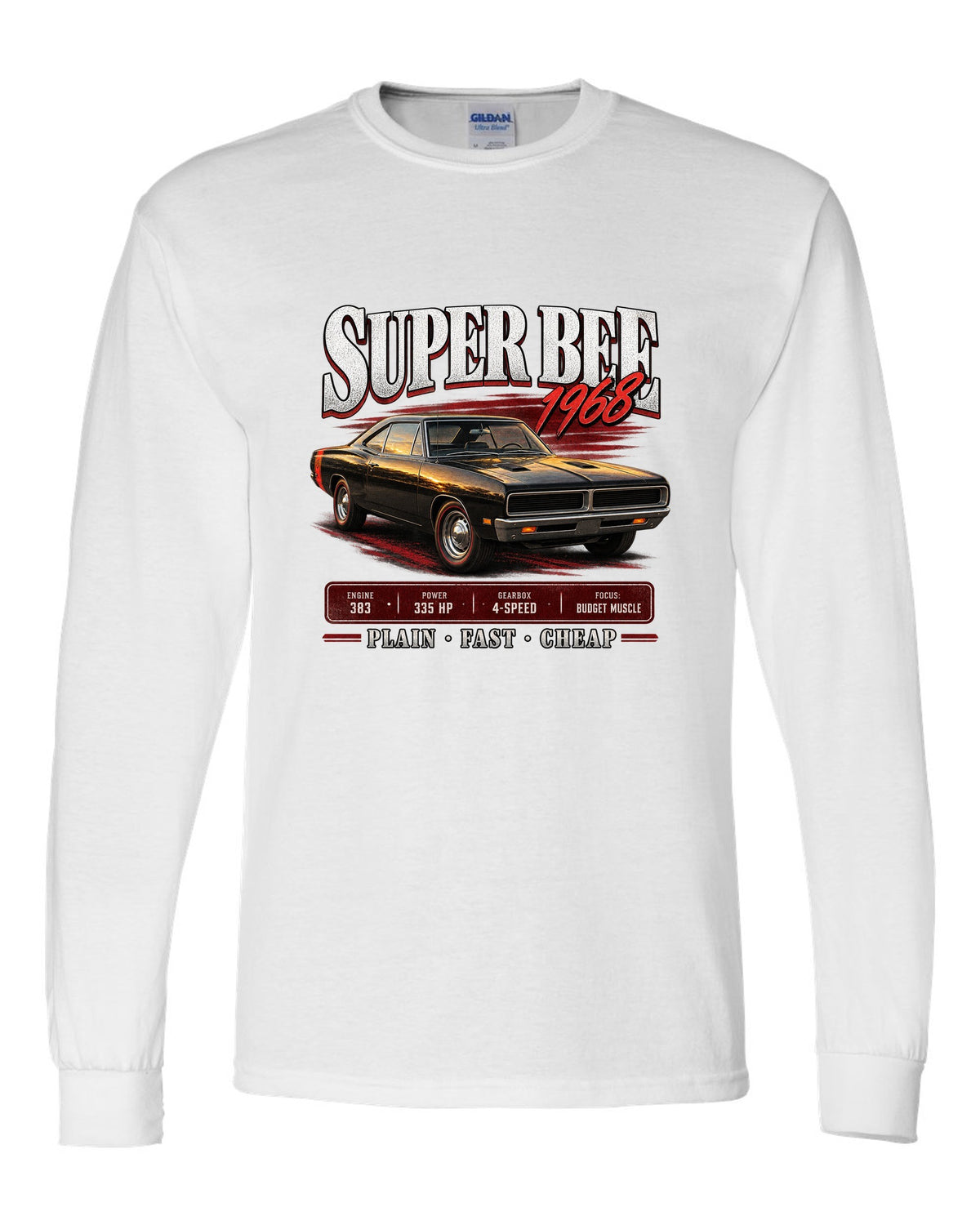 1968 Dodge Coronet Super Bee B-body coupe archive panel print white long sleeve front view with the design
