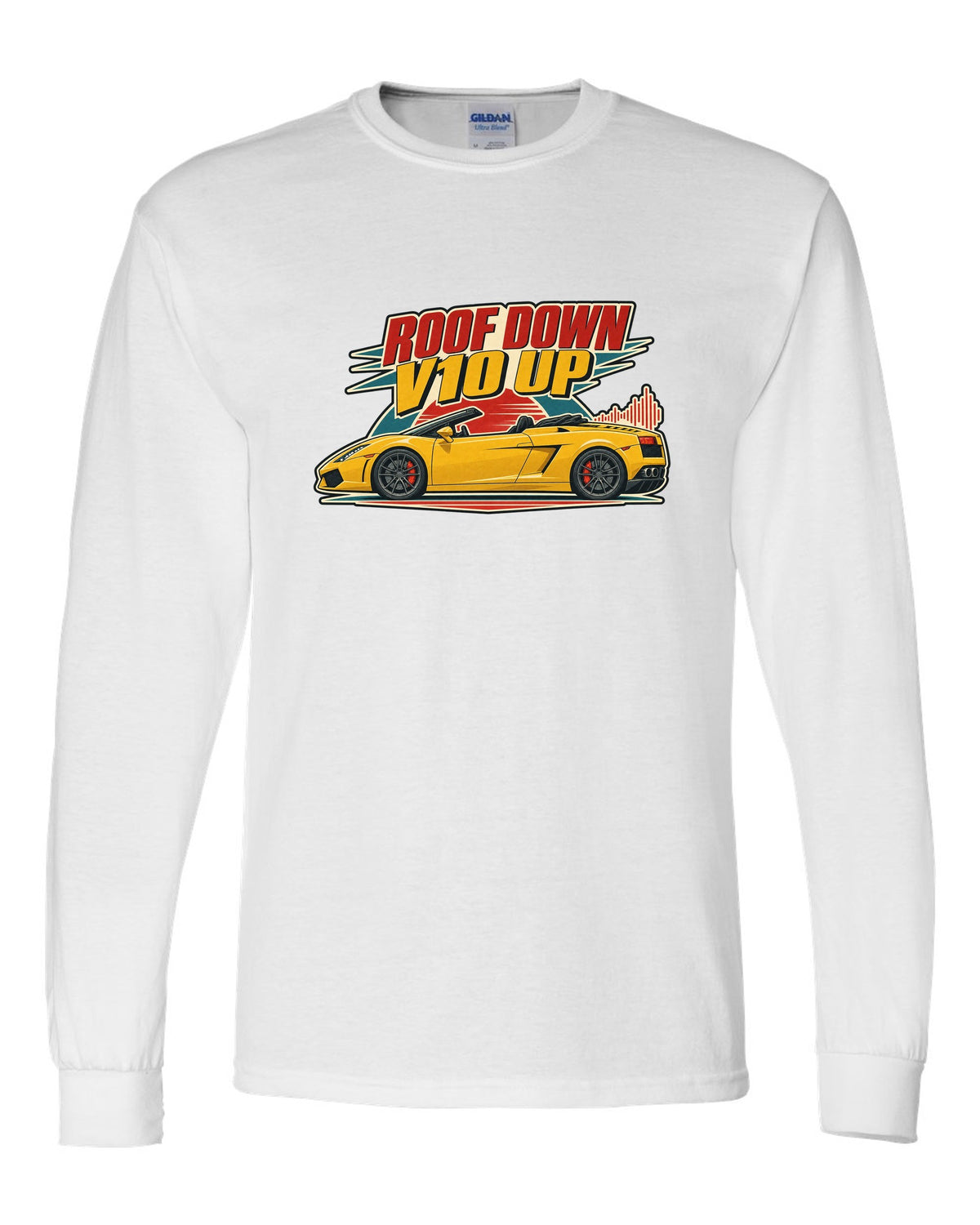 Vintage 1960s lithograph poster of a Lamborghini Gallardo Spyder LP560-4 with the text ROOF DOWN / V10 UP white long sleeve front view with the design