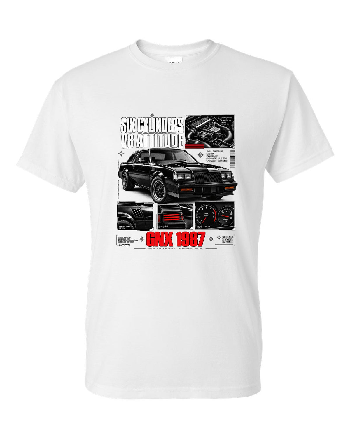 print dossier panels of a 1987 Buick GNX with six cylinders V8 attitude lettering white t-shirt front view with the design