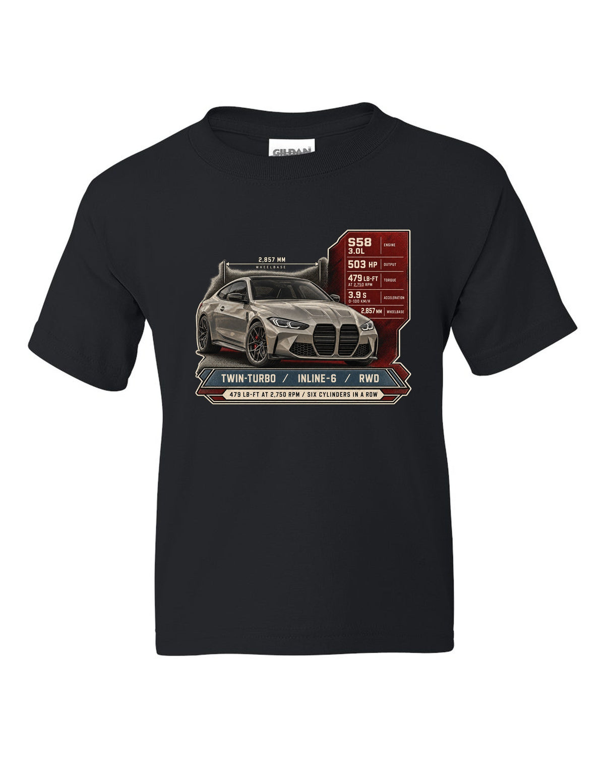 BMW M4 Competition G82 spec poster print with 479 lb-ft and six cylinders in a row black kids tee front view with the design
