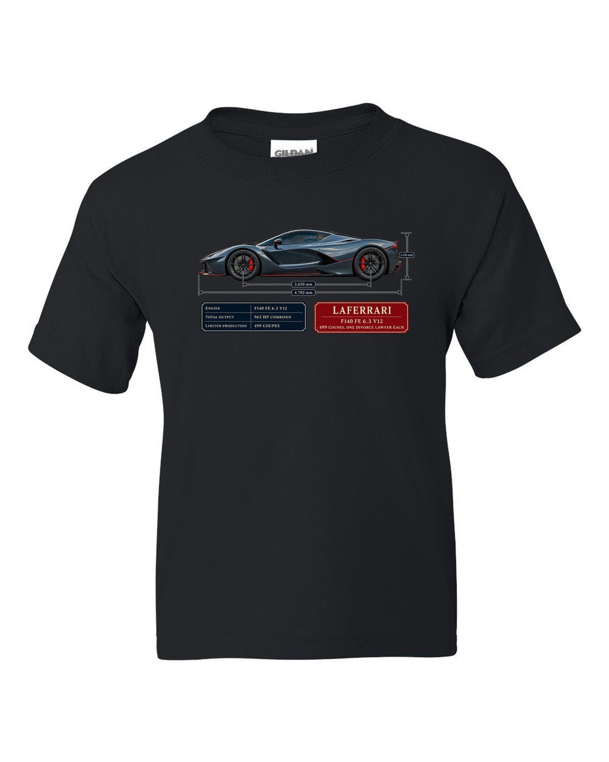 Ferrari LaFerrari dimension blueprint print with F140 FE 6.3 V12 text black kids tee front view with the design