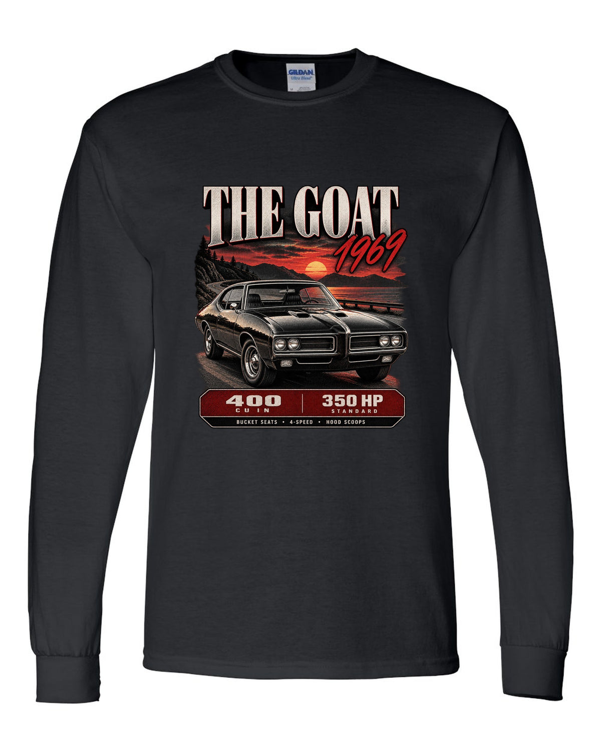 1969 Pontiac GTO archive panel print with 400 cu in spec callouts black long sleeve front view with the design