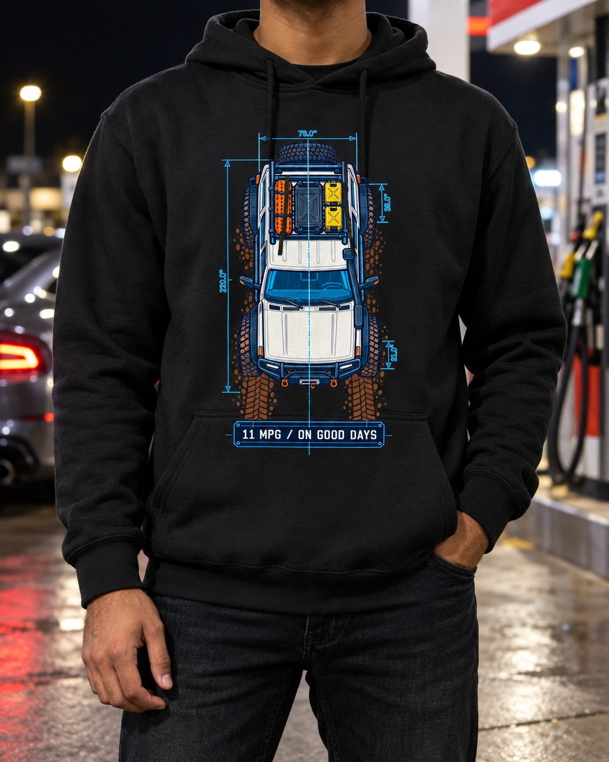 Land Cruiser FJ80 Top-Down Blueprint Tee: 11 MPG on Good Days Pull Over Hoodie Black worn hero
