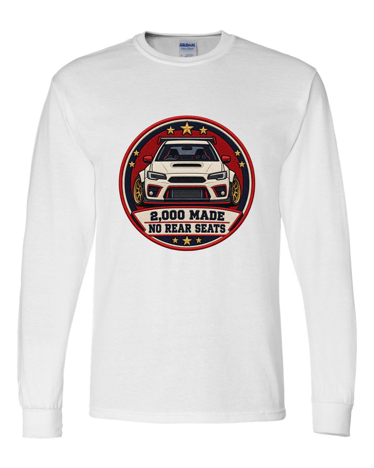 Embroidery-style varsity crest print for the Mini GP1 R53 with 2,000 made and no rear seats text white long sleeve front view with the design