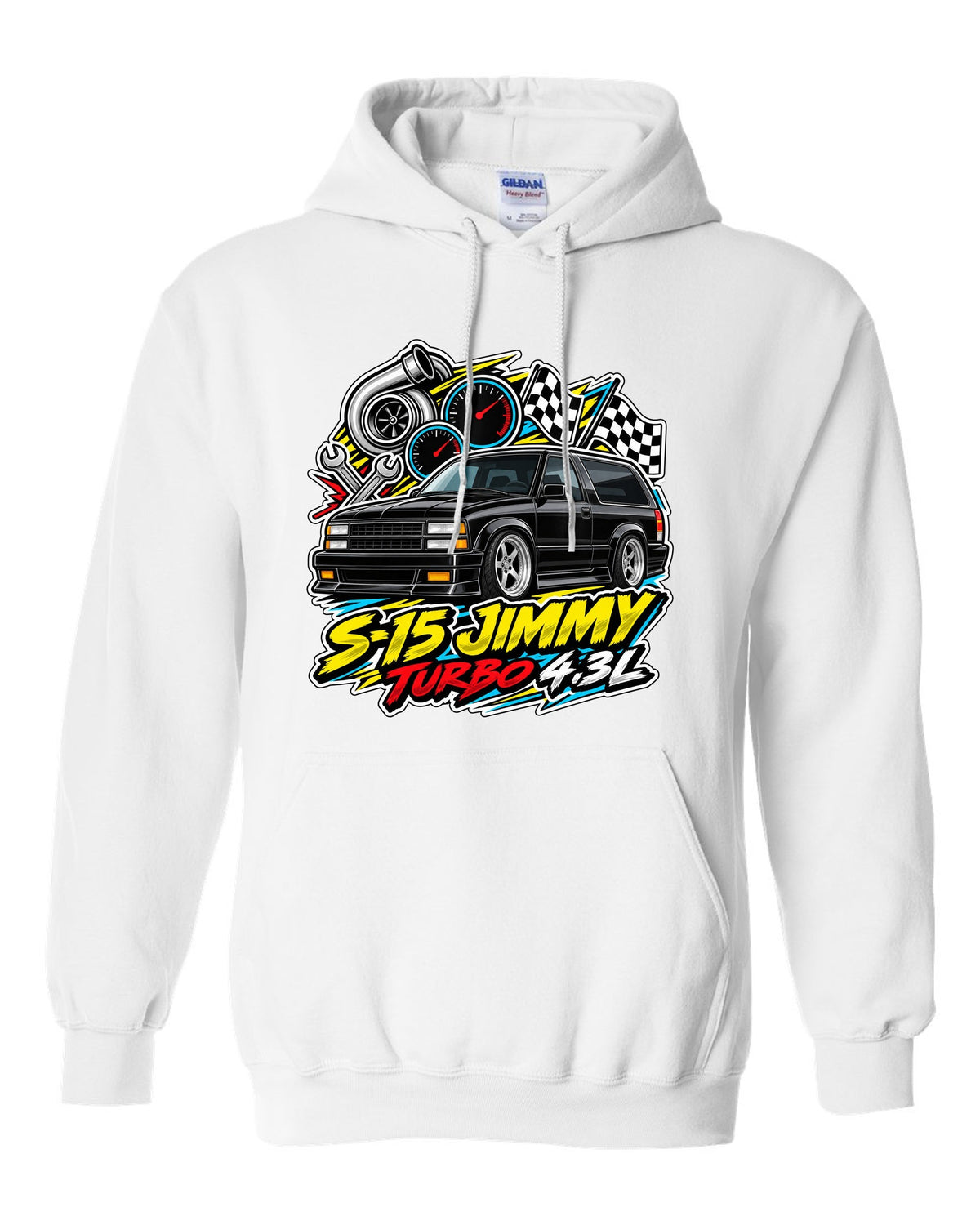 Sticker-bomb collage print of a 1992-93 GMC Typhoon with S-15 Jimmy Turbo 4.3L lettering white pull over hoodie front view with the design