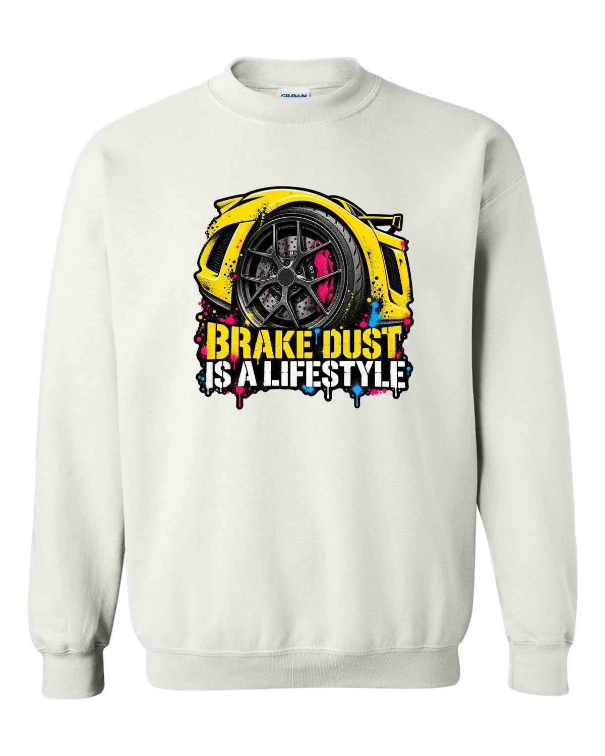 Lotus Exige stencil spray street art with BRAKE DUST IS A LIFESTYLE lettering white crewneck front view with the design