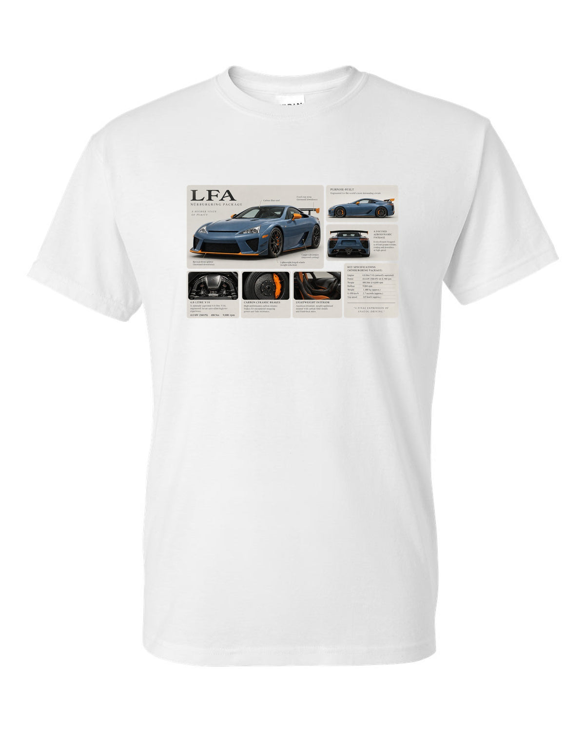 Dossier panel layout for the Lexus LFA Nurburgring Package with V10 notes white t-shirt front view with the design