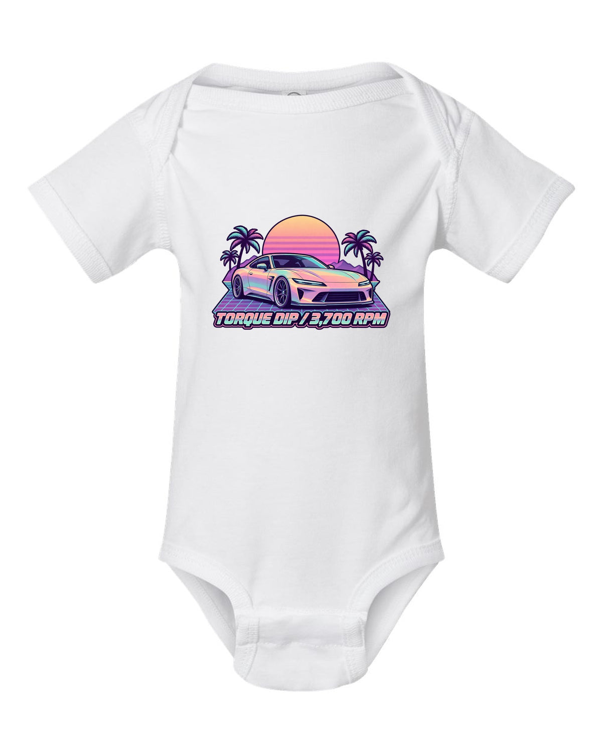 Pastel vaporwave illustration of a Toyota 86 ZN6 with Torque Dip 3,700 RPM lettering white baby onesie front view with the design