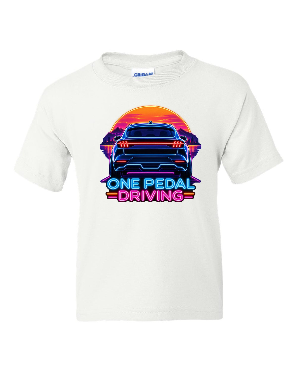 Neon sign print of the 2020 Mustang Mach-E CX727 tail bar reading One Pedal Driving white kids tee front view with the design