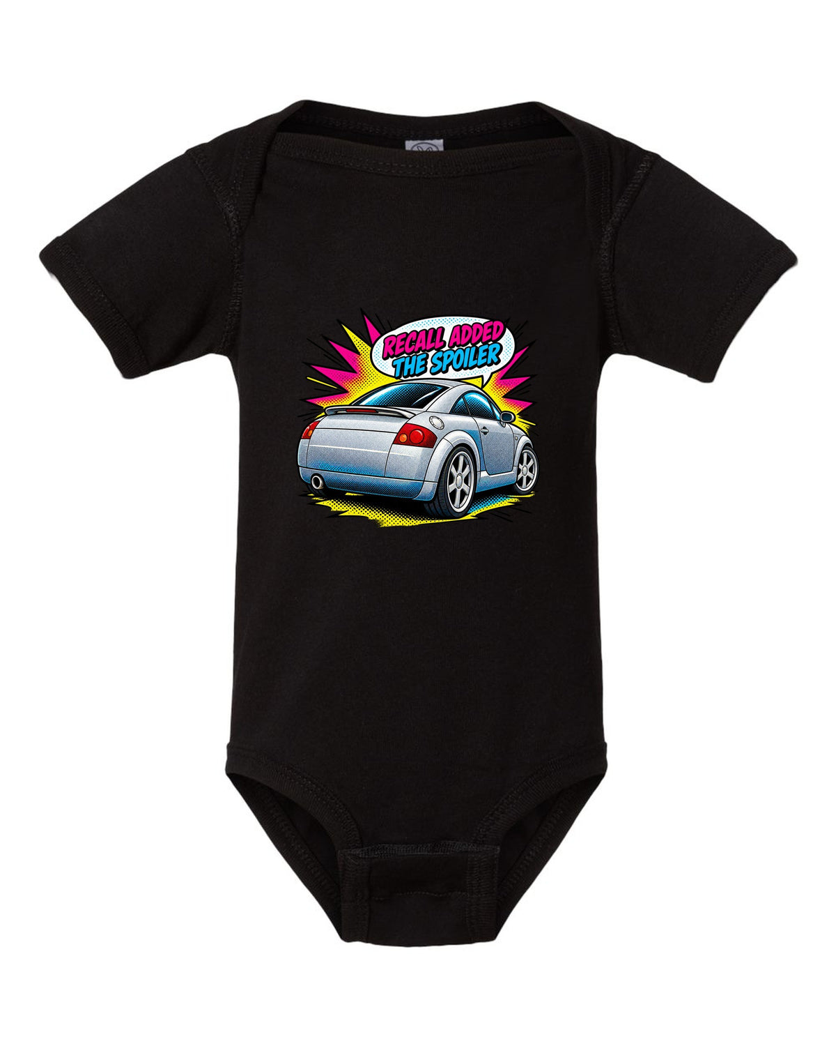 Comic halftone pop art print of an Audi TT Coupe 8N with spoiler recall caption black baby onesie front view with the design
