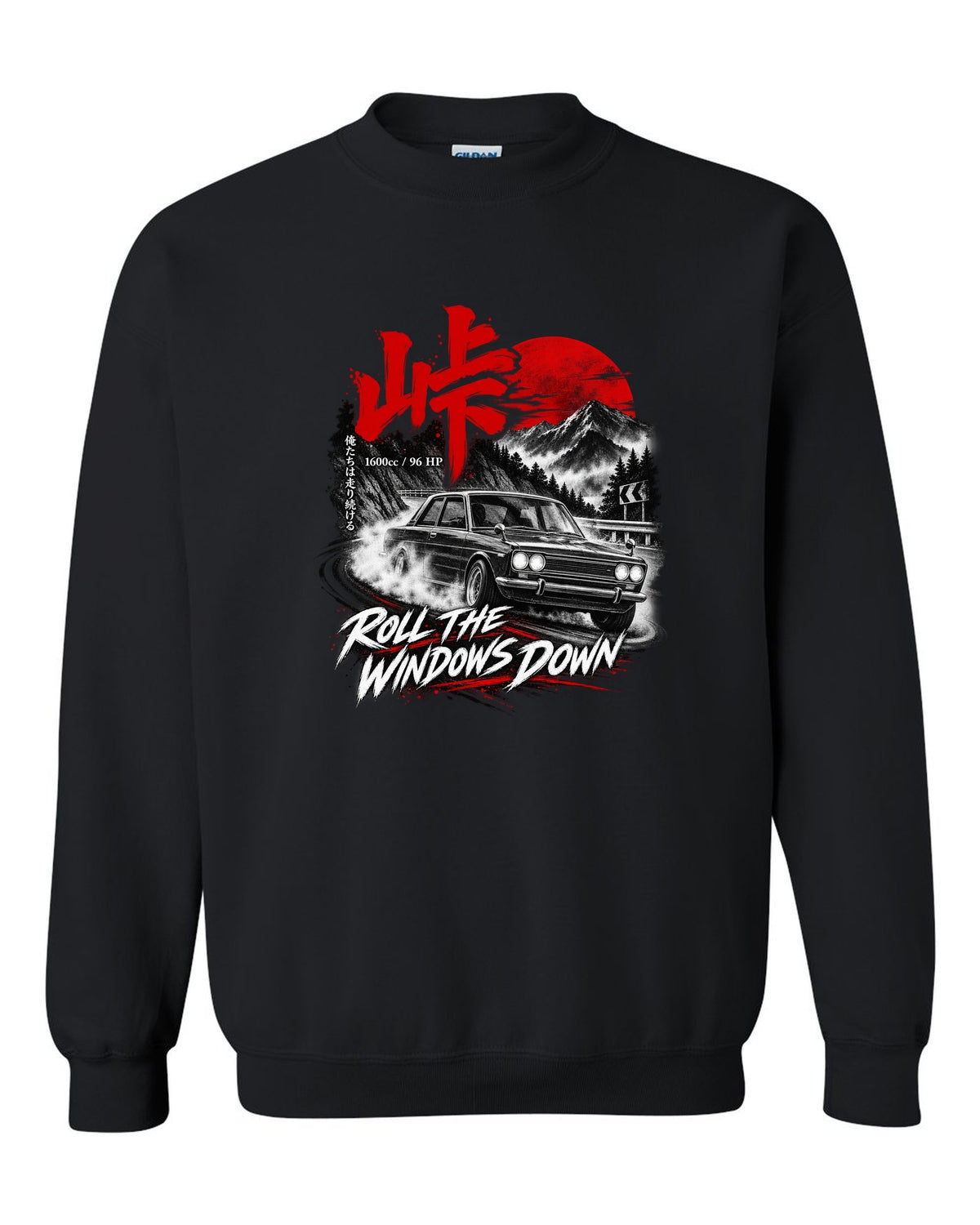 print of a Datsun 510 PL510 sedan on a mountain road at night with touge kanji black crewneck front view with the design