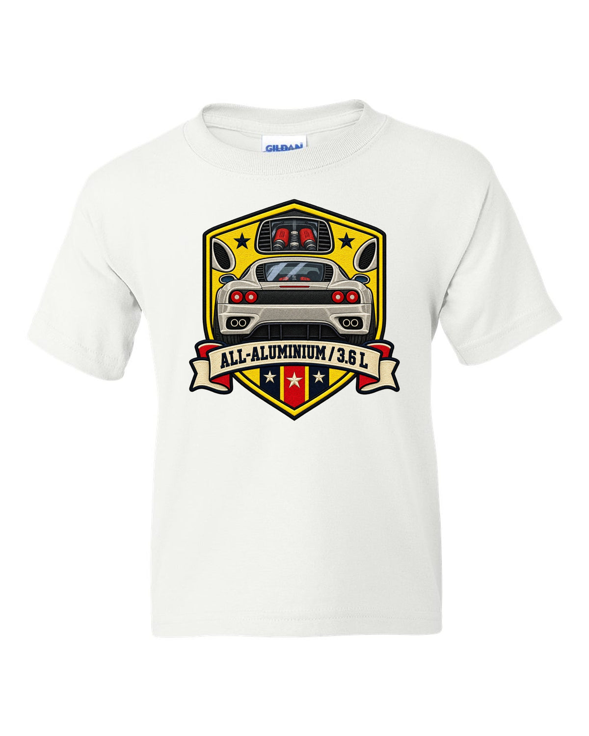 Shield crest print for the Ferrari 360 Modena with All-Aluminium and 3.6 L lettering white kids tee front view with the design