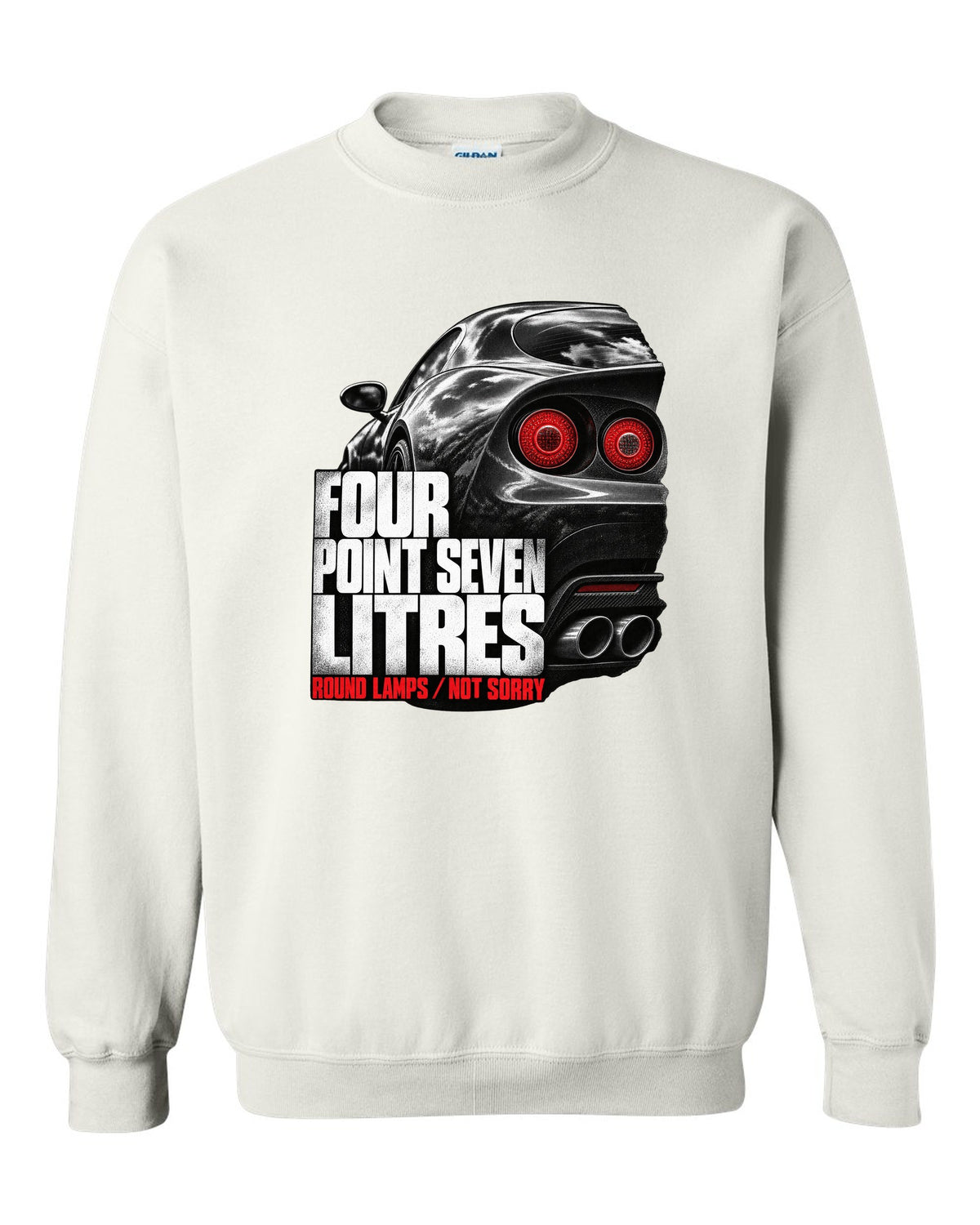 Tail lamp macro print of an Alfa Romeo 8C Competizione with four point seven litres text white crewneck front view with the design