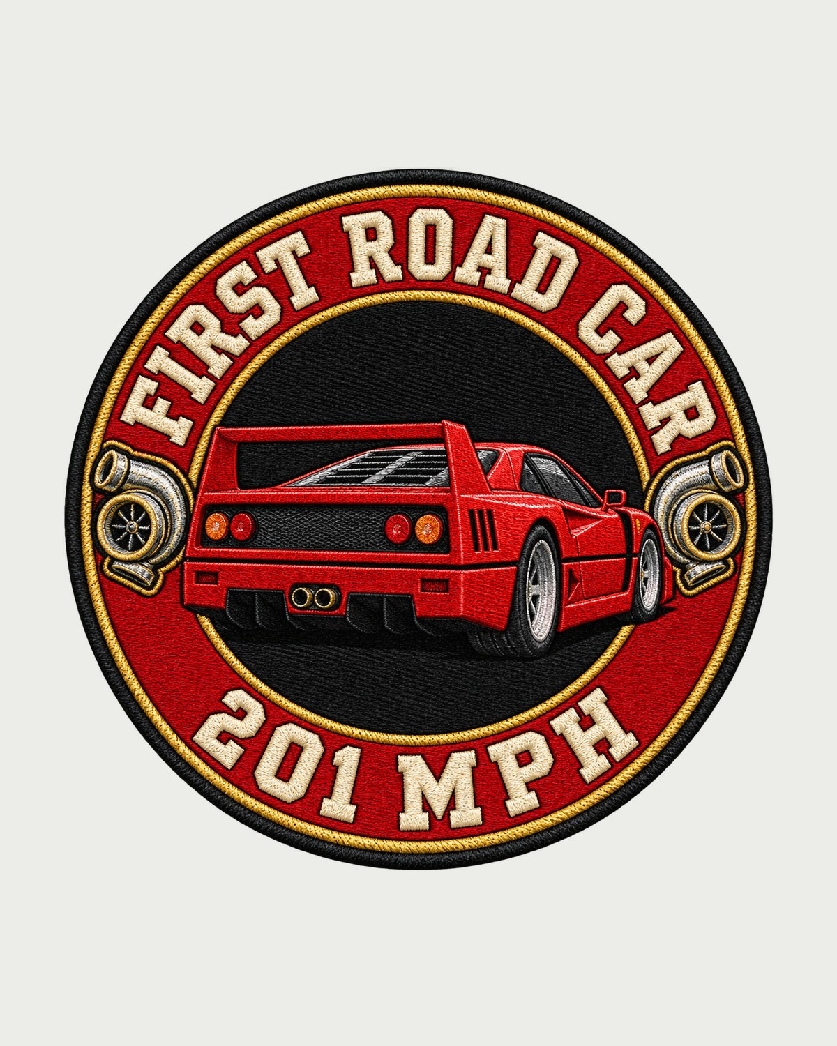 Ferrari F40 First Road Car 201 MPH Varsity Crest Shirt, F120 design only