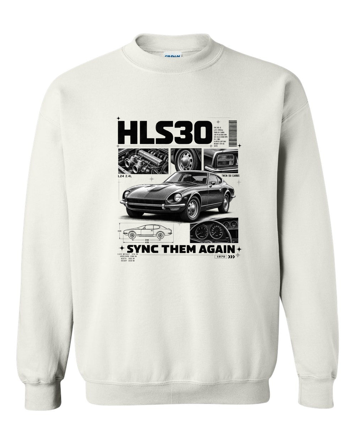 Dossier panel print of a 1970 Datsun 240Z HLS30 with L24 and twin SU carbs text white crewneck front view with the design