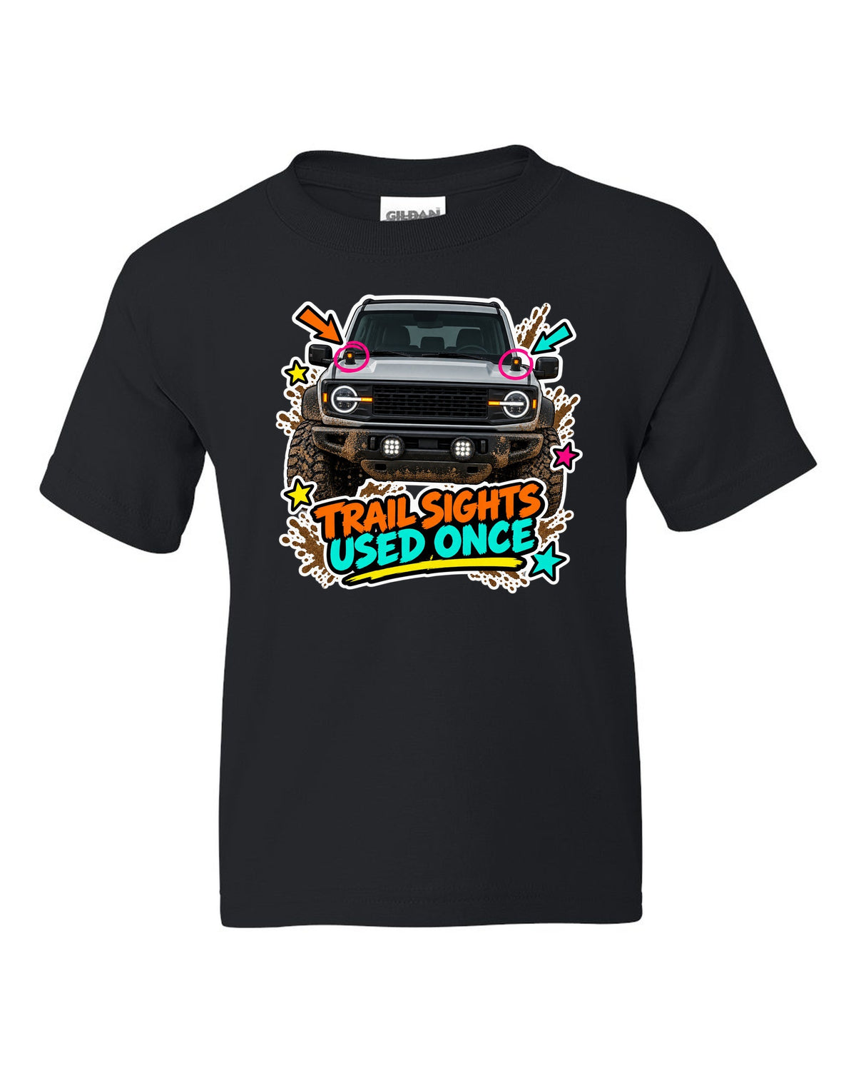 Sticker-bomb collage of a 2021 Ford Bronco with trail sights and USED ONCE lettering black kids tee front view with the design