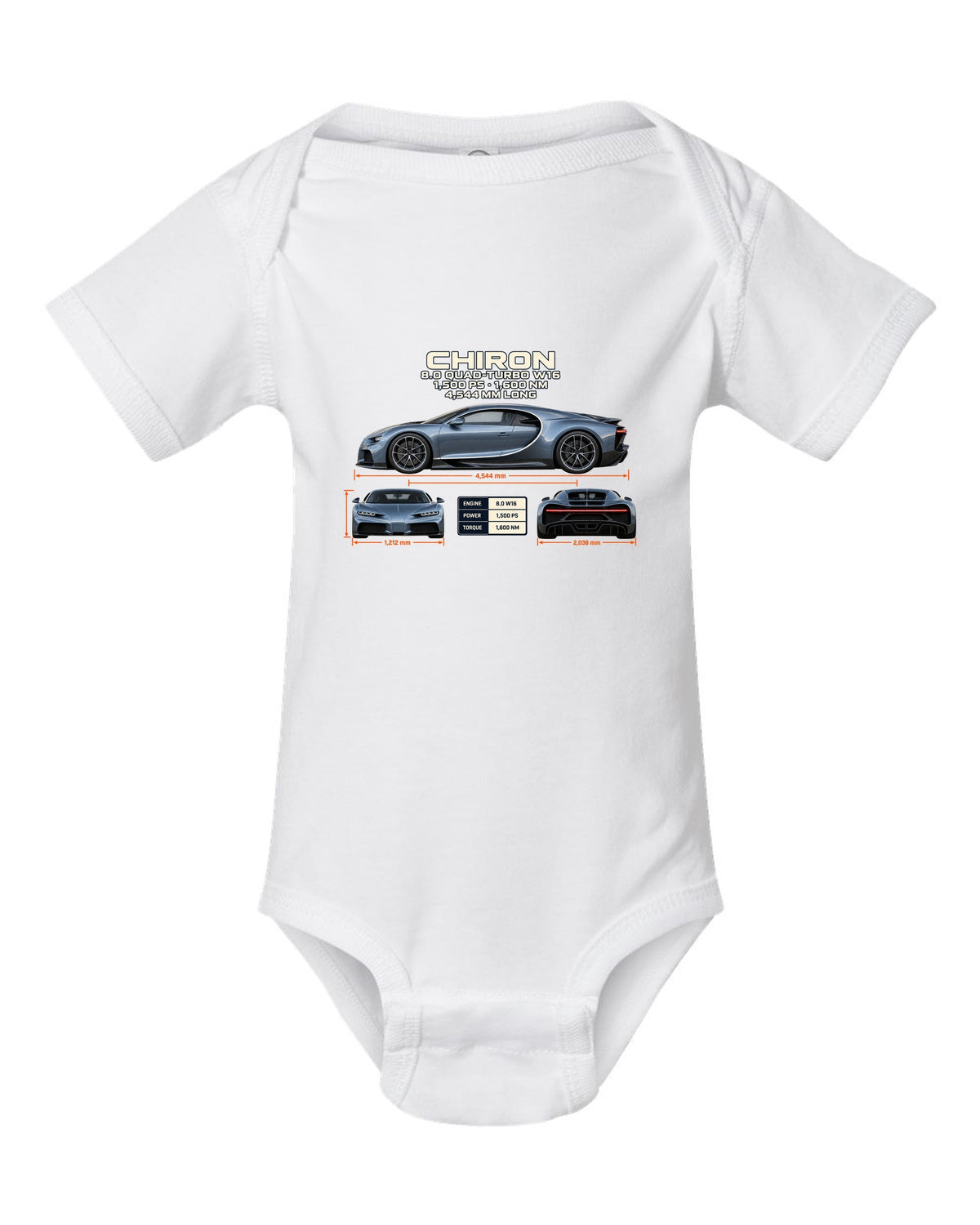 Three-view drawing and spec table of a Bugatti Chiron on the front of a tee white baby onesie front view with the design