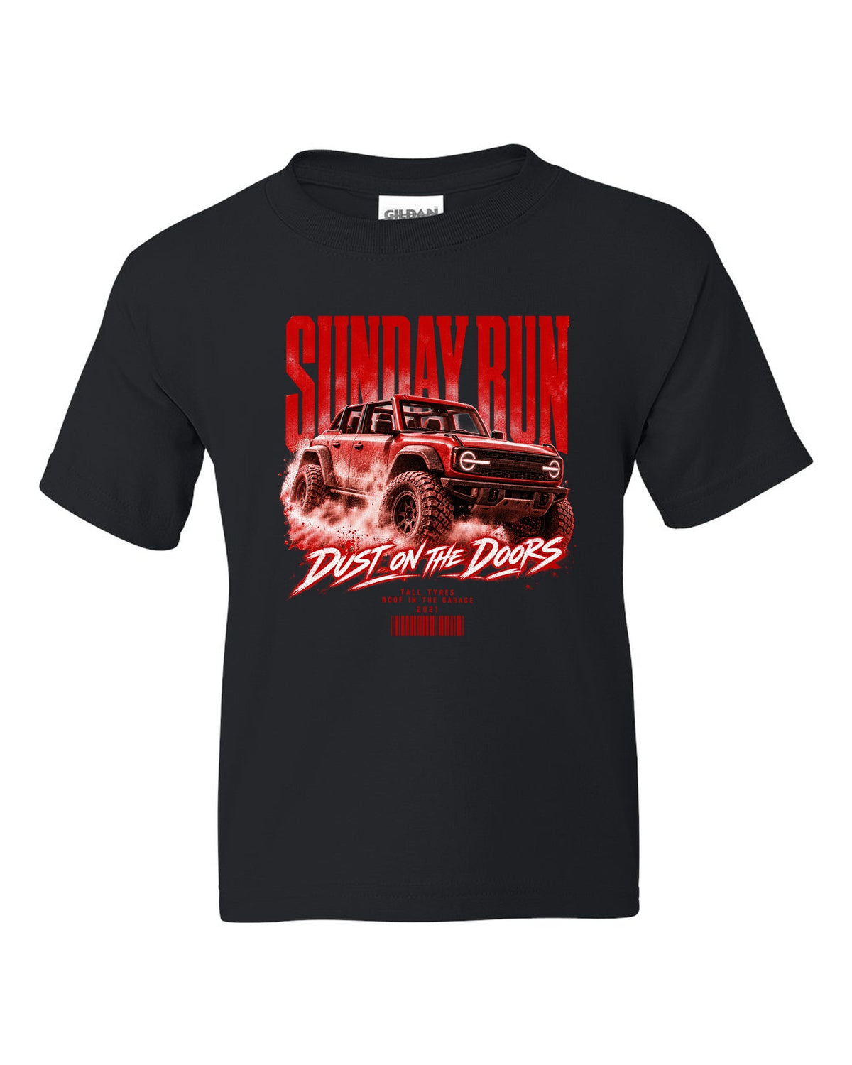 Street poster print of a 2021 Ford Bronco 6G four-door with Sunday run text black kids tee front view with the design