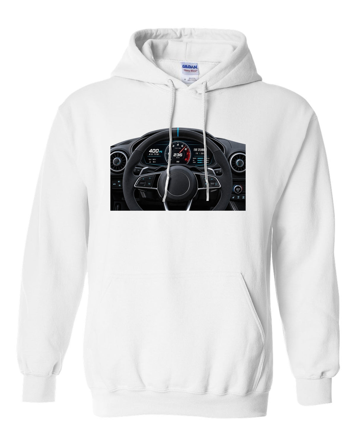 Audi TT RS FV virtual cockpit instrument cluster with 2.5 TFSI 400 PS text white pull over hoodie front view with the design