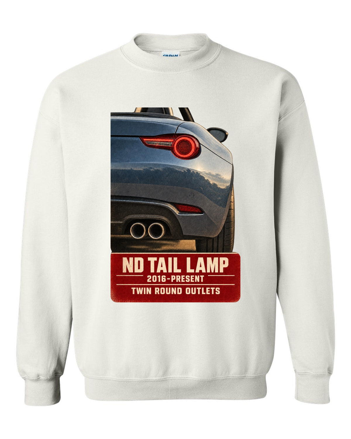Macro poster-style print of the tail lamp and twin round exhaust outlets on a Mazda MX-5 ND white crewneck front view with the design