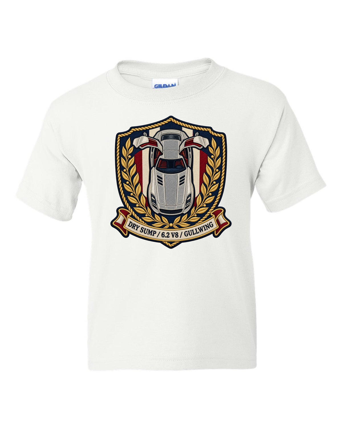 Embroidery style shield crest showing an overhead Mercedes SLS AMG C197 with gullwing doors open white kids tee front view with the design