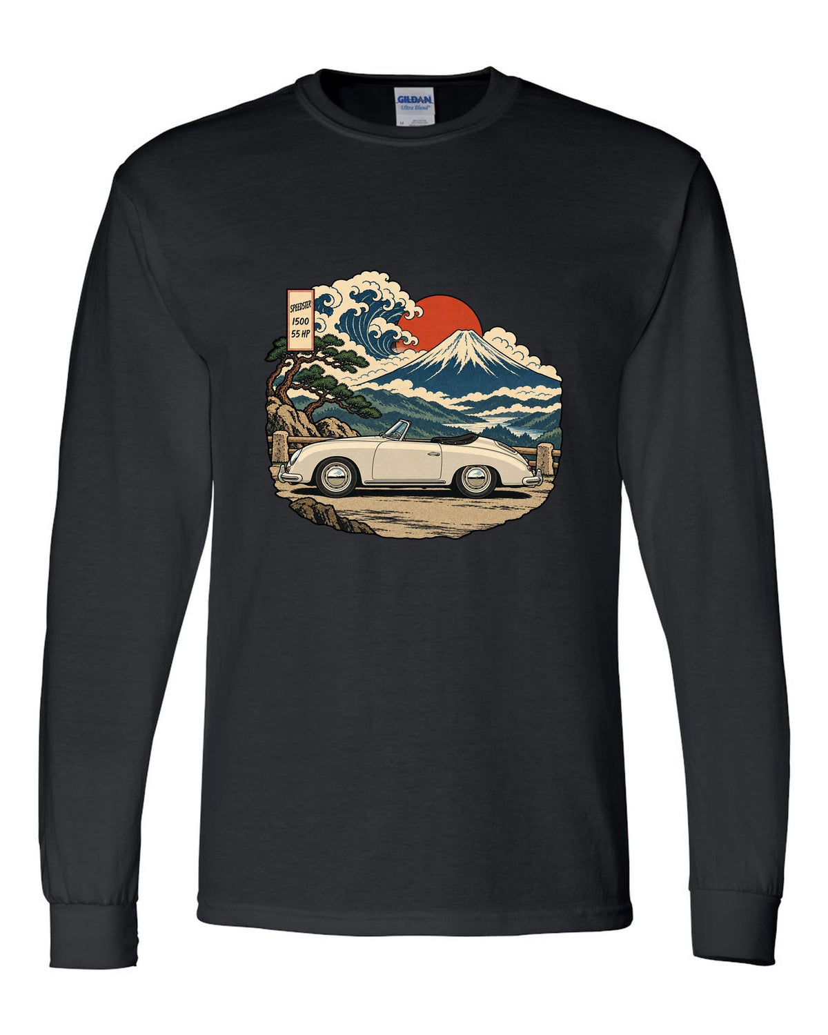 Ukiyo-e woodblock style Porsche 356 Pre-A Speedster on a mountain pass black long sleeve front view with the design