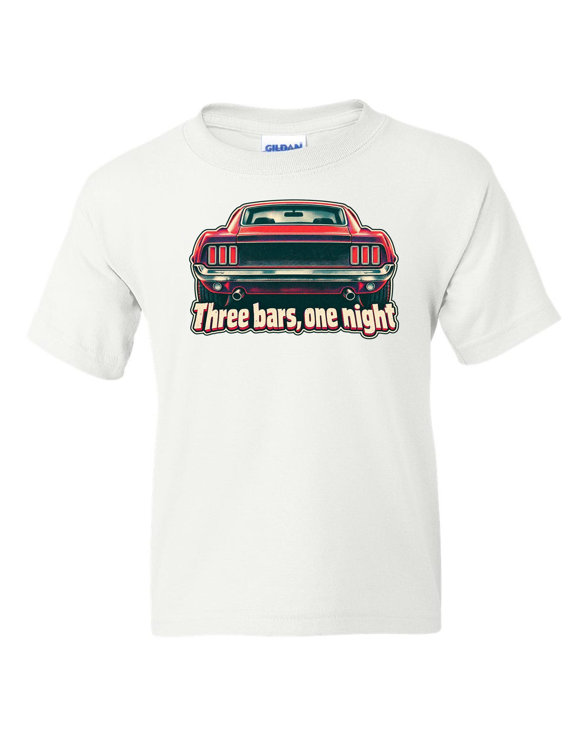 Risograph halftone print of the 1969 Ford Mustang fastback taillights with three bars white kids tee front view with the design