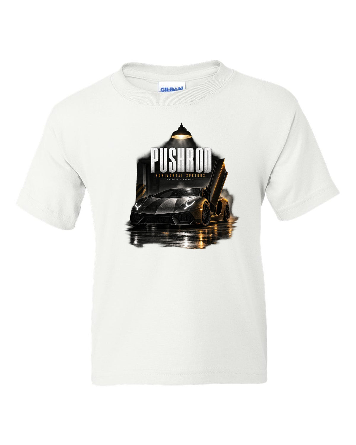 Garage night print of a Lamborghini Aventador S LP740-4 with Pushrod and Horizontal Springs text white kids tee front view with the design
