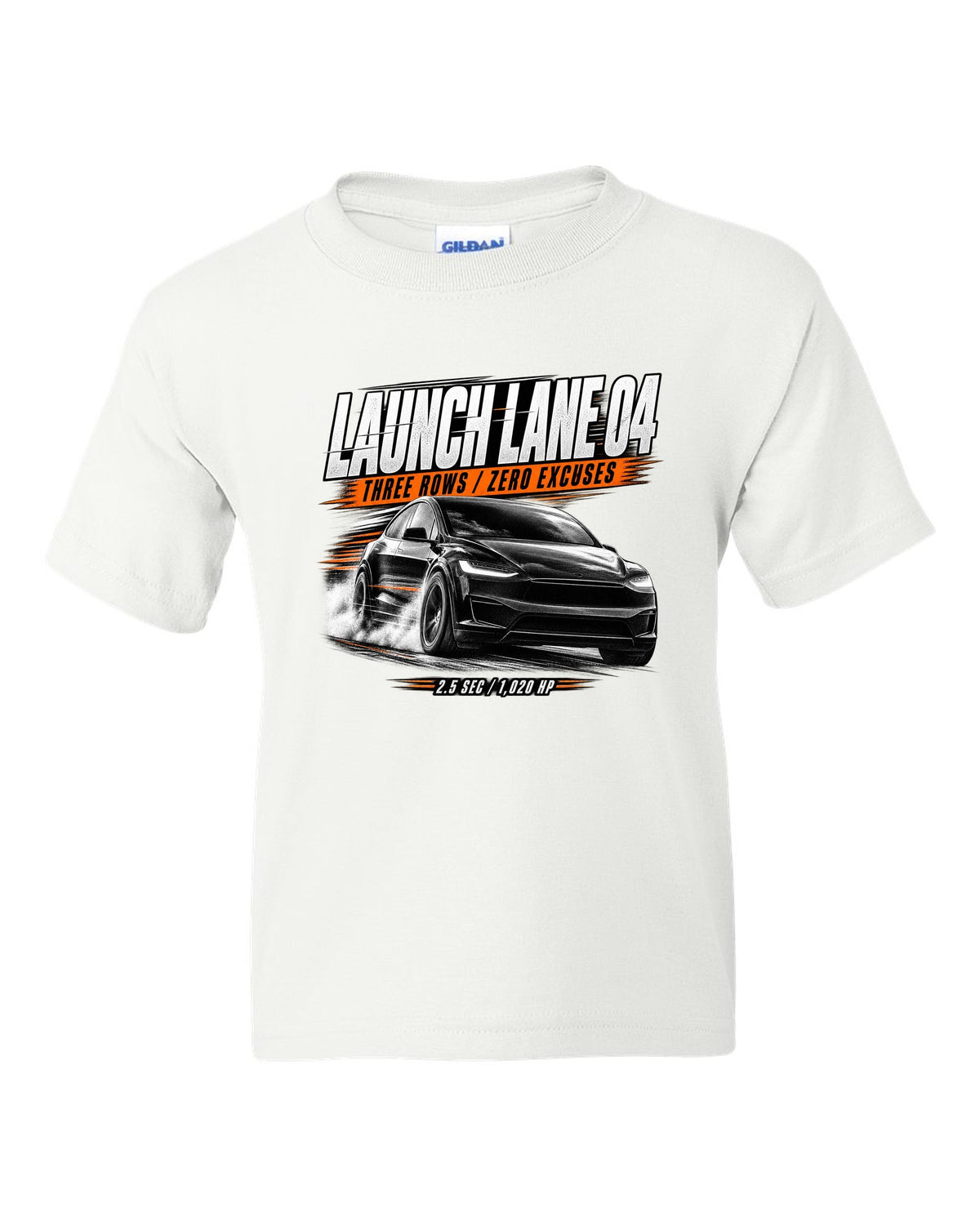 Tesla Model X Plaid front three-quarter launching in a race poster reading Launch Lane 04 white kids tee front view with the design