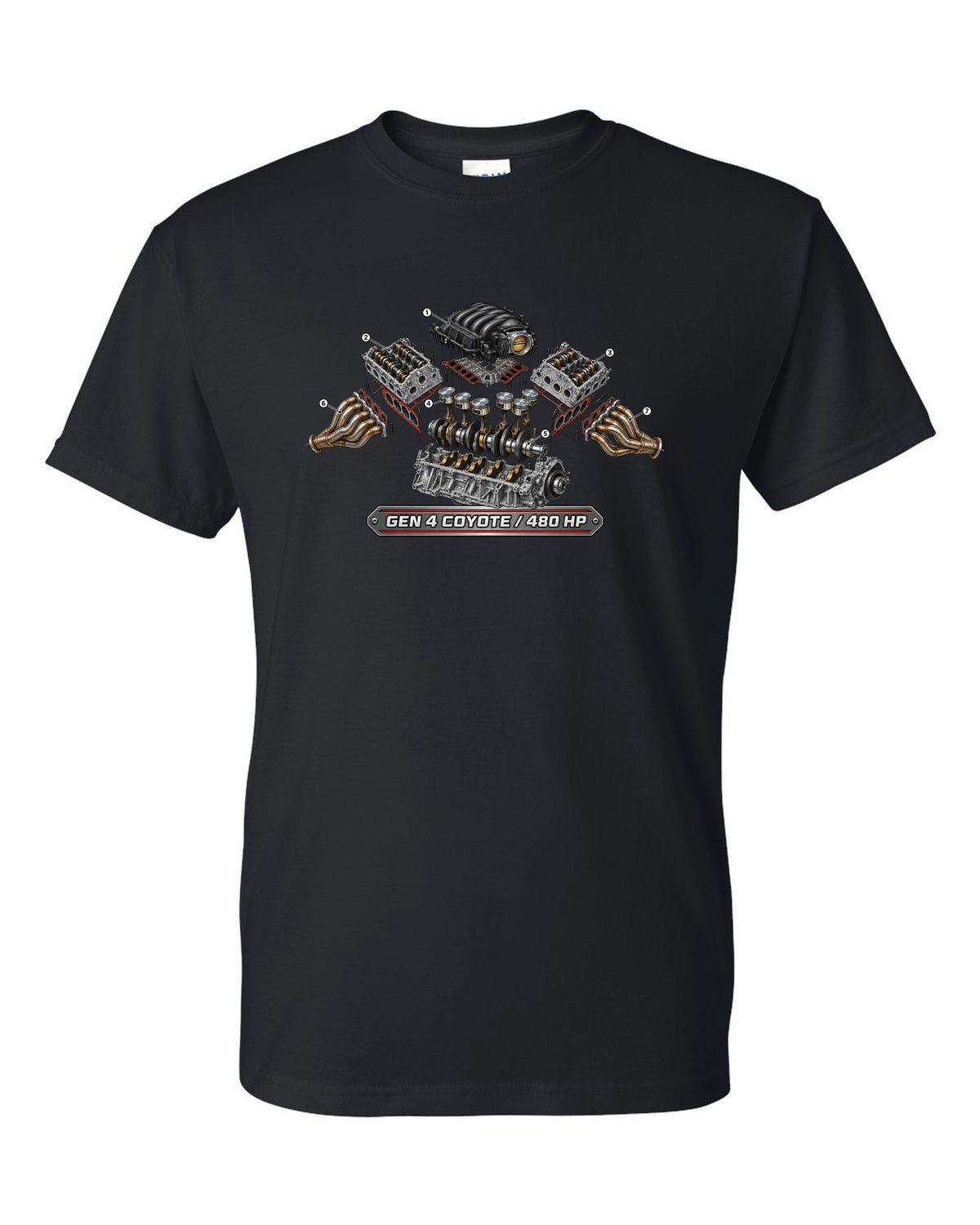 Isometric exploded cutaway engine print of a 2024 S650 Mustang 5.0 Gen 4 Coyote V8 black t-shirt front view with the design