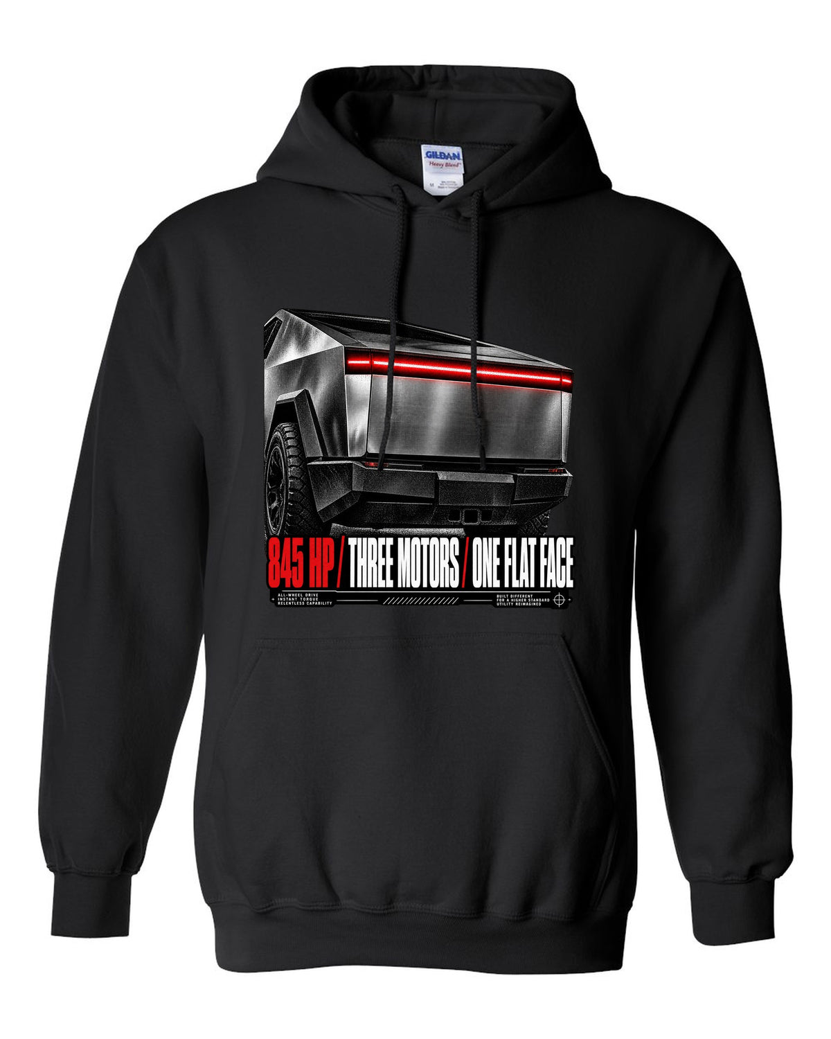 Macro of the Tesla Cybertruck Cyberbeast 2024 light bar with 845 HP and three motors text black pull over hoodie front view with the design