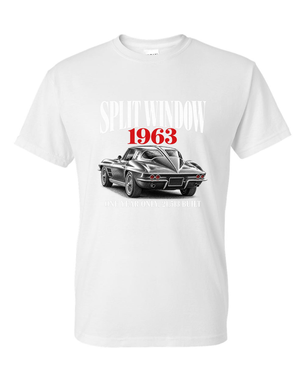 Chevrolet Corvette C2 Sting Ray 1963 split-window coupe editorial print white t-shirt front view with the design