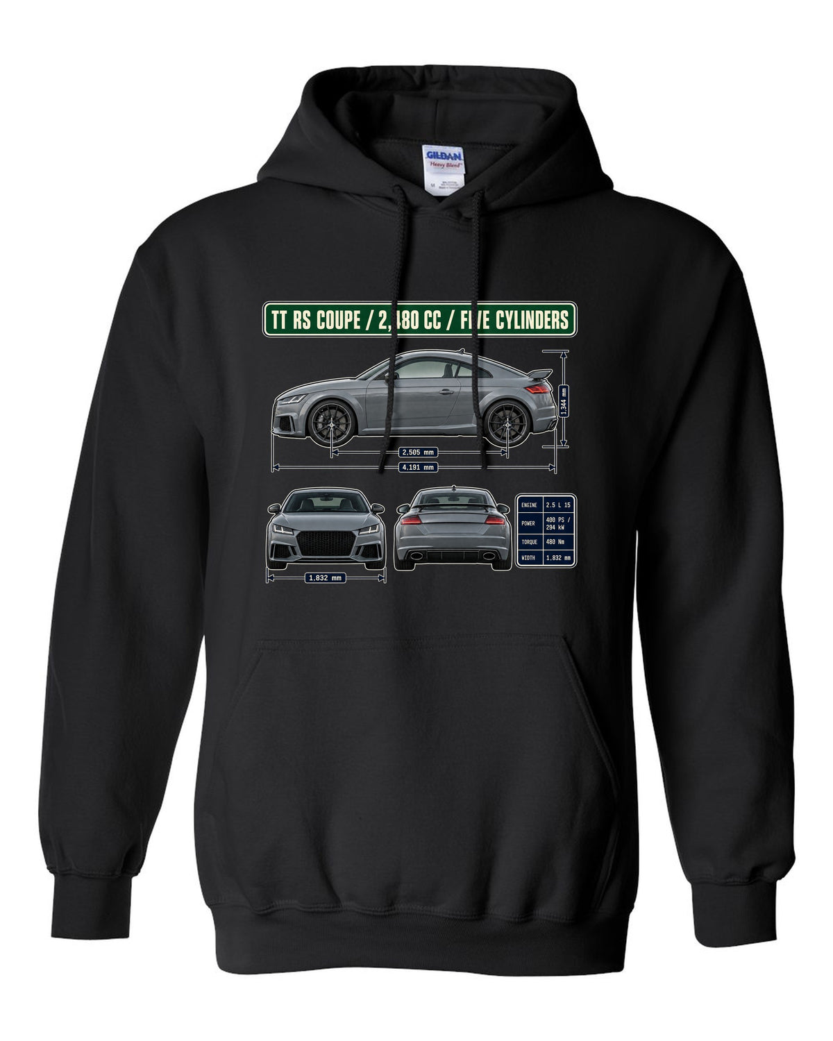 Audi TT RS 8S coupe dimension blueprint print with five-cylinder engine size black pull over hoodie front view with the design