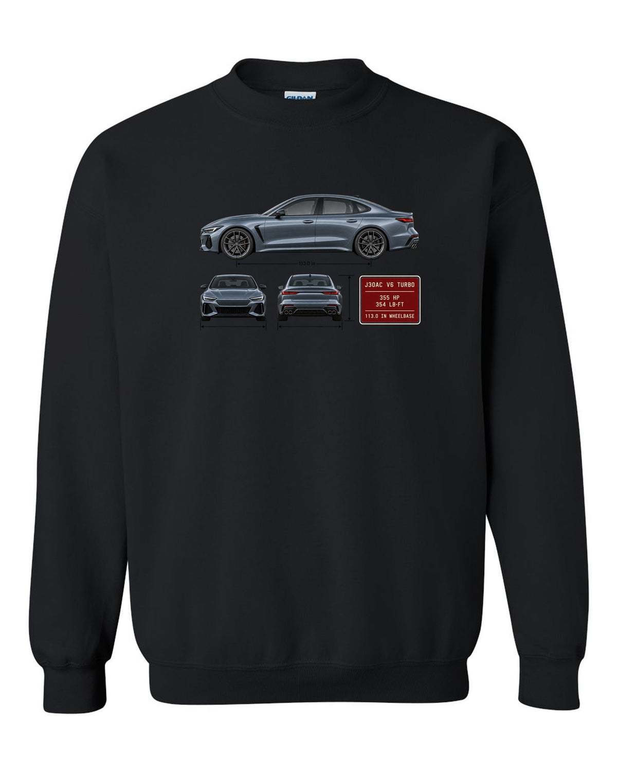 Acura TLX Type S three-view spec table print black crewneck front view with the design