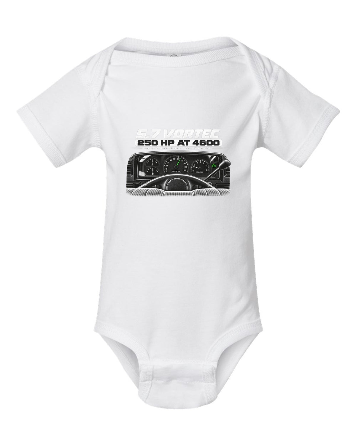 OBS Chevy C1500 cockpit and gauge cluster print white baby onesie front view with the design