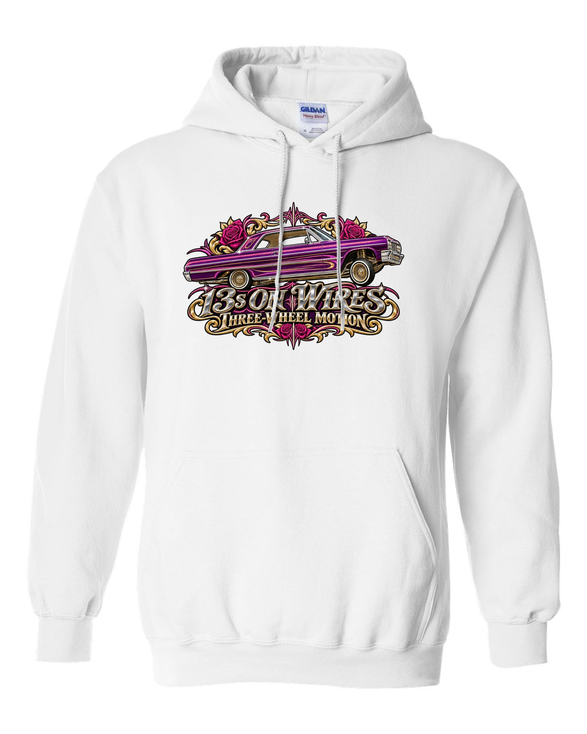 1964 Chevrolet Impala SS lowrider in airbrush style with text 13s on Wires Three-Wheel Motion white pull over hoodie front view with the design