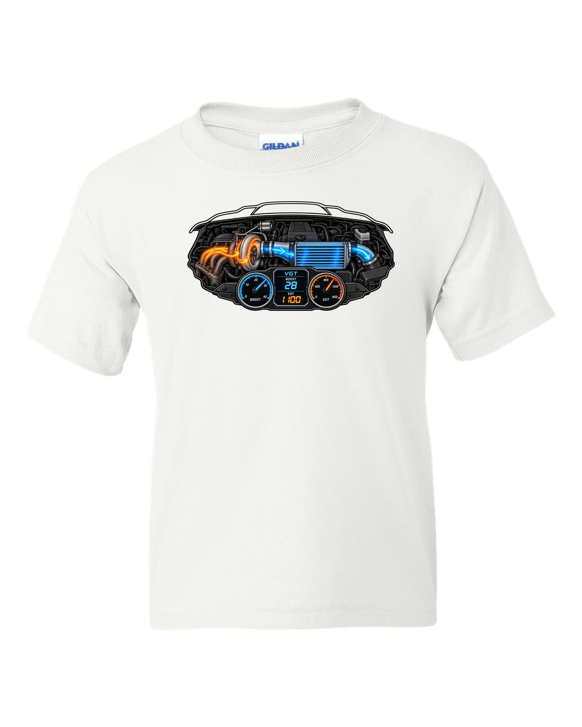 Gauge-cluster HUD print of a 2003-2009 Dodge Ram 3rd gen 5.9 compound turbo with VGT boost 28 EGT 1100 text white kids tee front view with the design