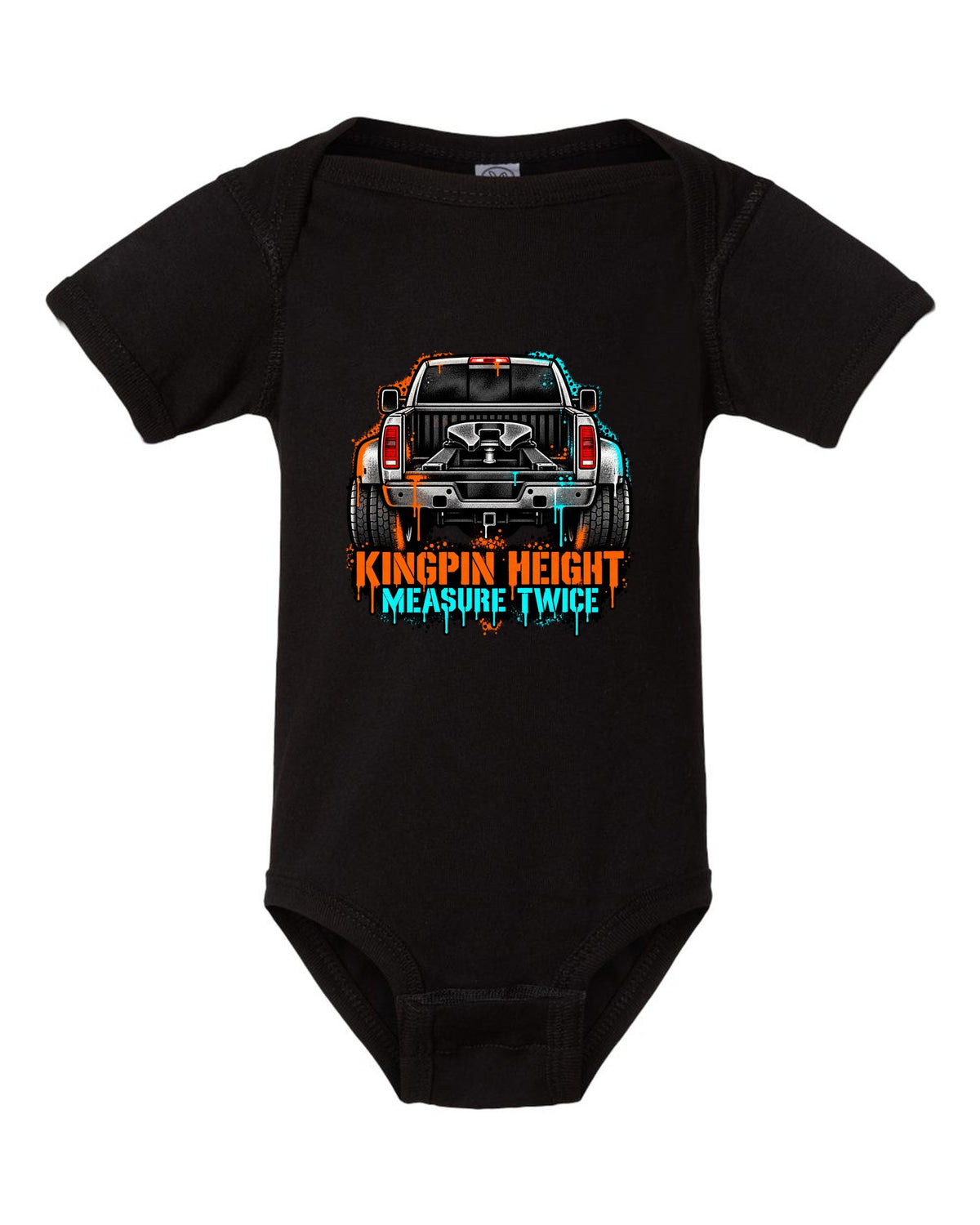 Stencil spray-art print of a 2010-2018 Ram 3500 6.7 Cummins rear with fifth wheel and kingpin height text black baby onesie front view with the design