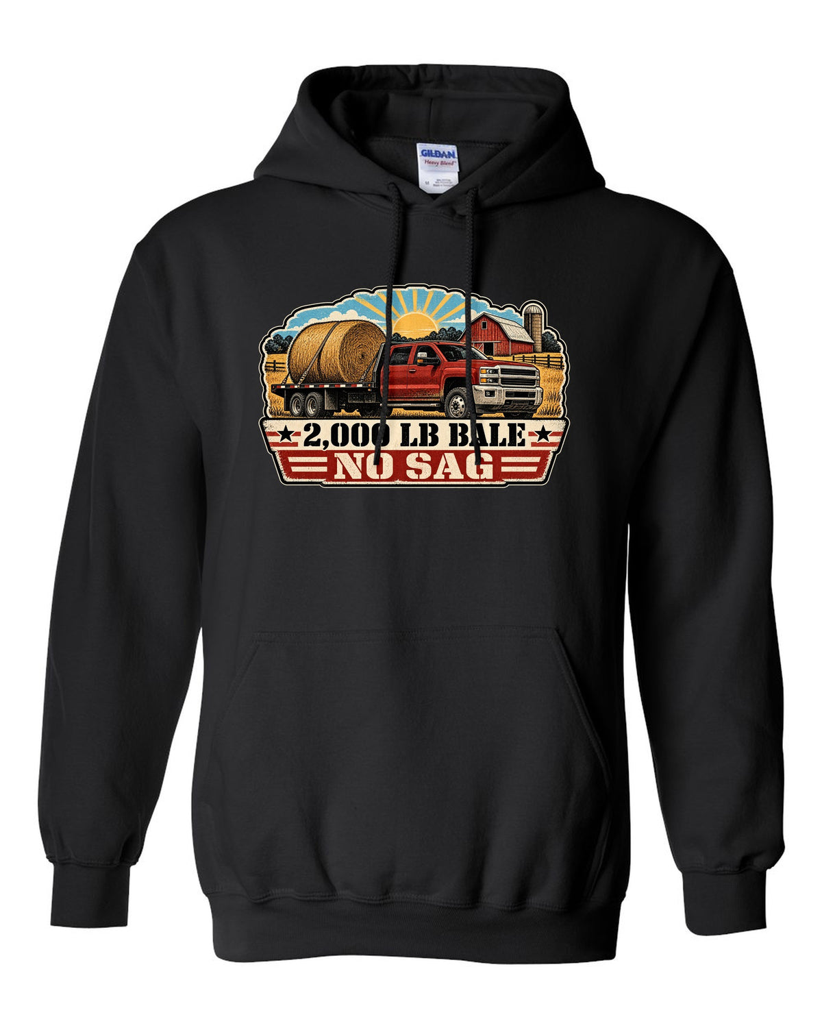 Distressed screen-print print of a 2010-2018 Ram 3500 6.7 Cummins hauling a round bale black pull over hoodie front view with the design