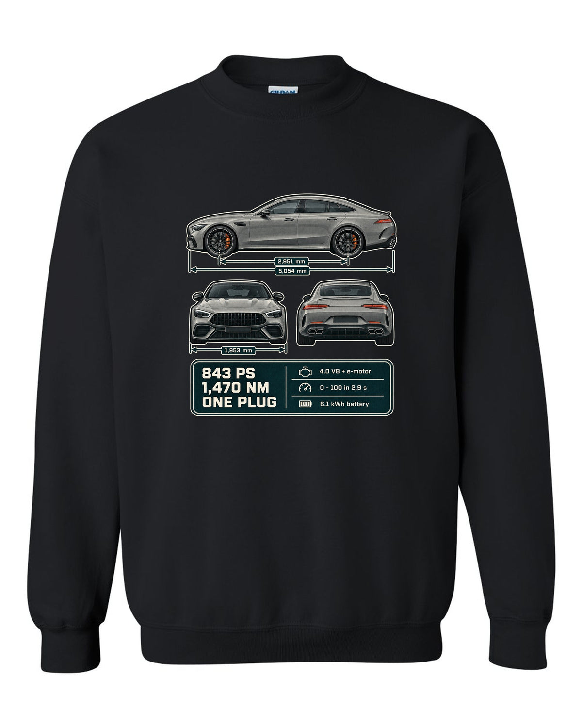 Mercedes-AMG GT 63 S E Performance 4-Door three-view warm grey print black crewneck front view with the design