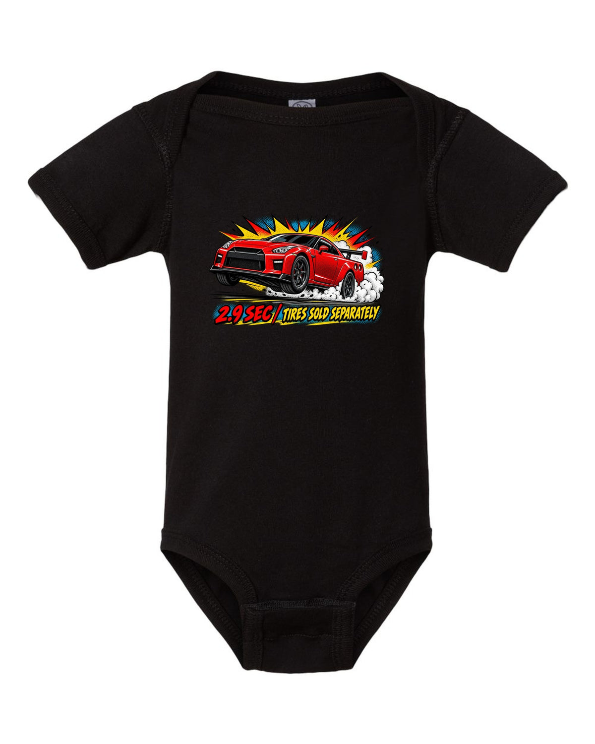 Comic halftone pop-art print of a Nissan GT-R R35 launching with 2.9 sec text black baby onesie front view with the design