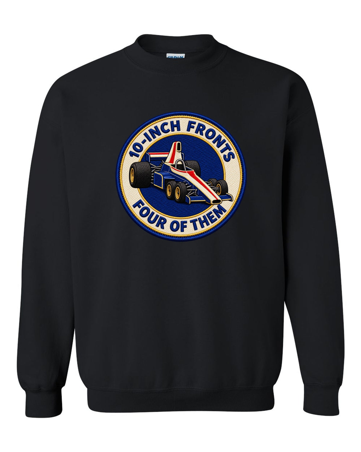 Varsity crest print of the Tyrrell P34 with 10-inch fronts, four of them lettering black crewneck front view with the design