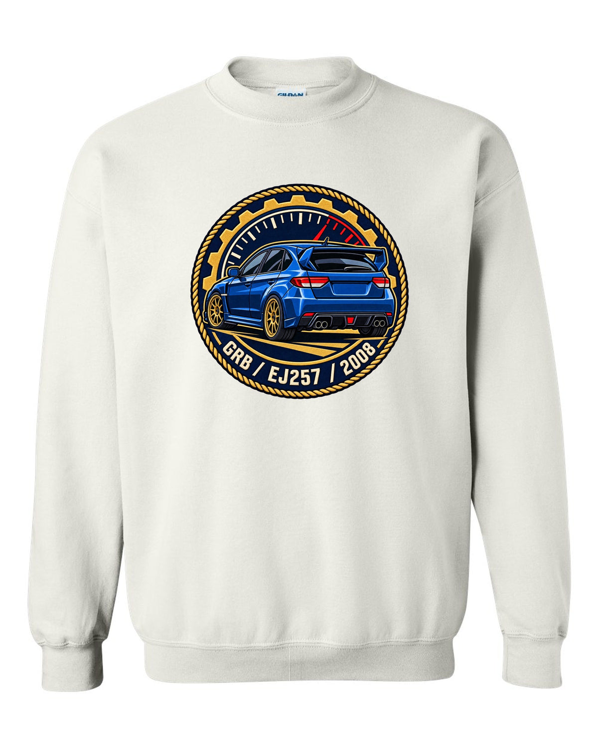 Subaru Impreza WRX STI GRB chback varsity crest print, GRB / EJ257 / 2008 white crewneck front view with the design