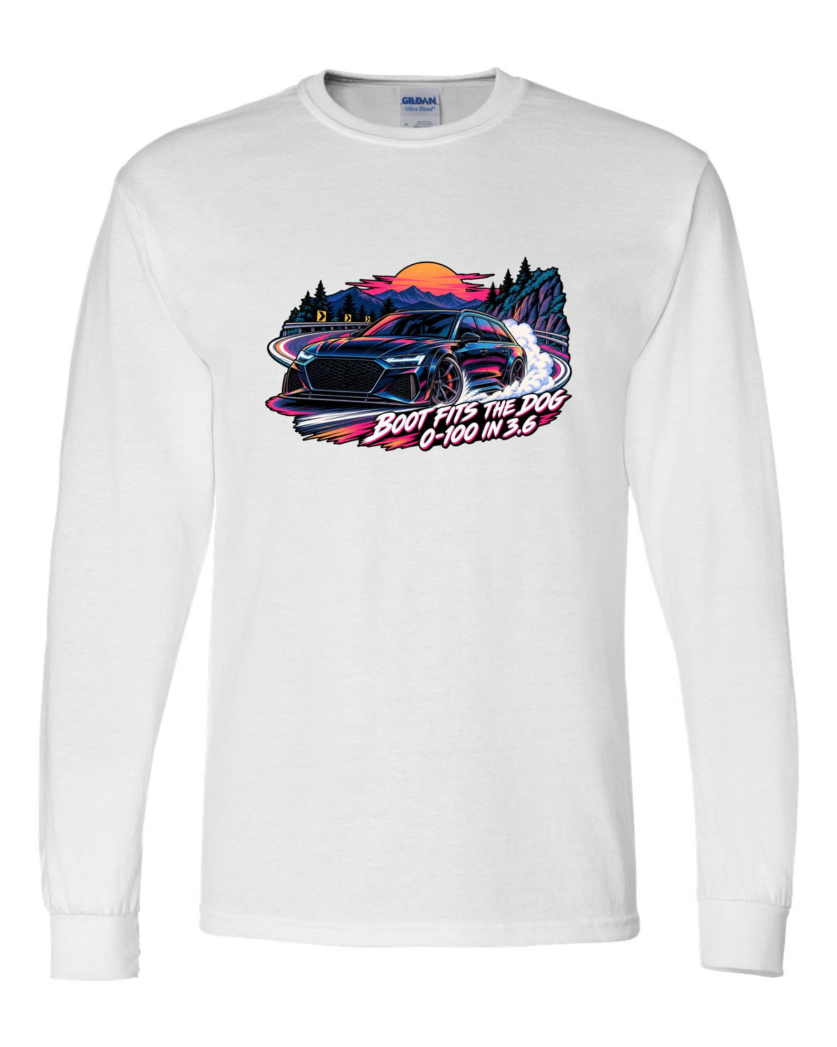 Cel-shaded anime night touge design of the Audi RS6 Avant C8 with boot fits the dog lettering white long sleeve front view with the design