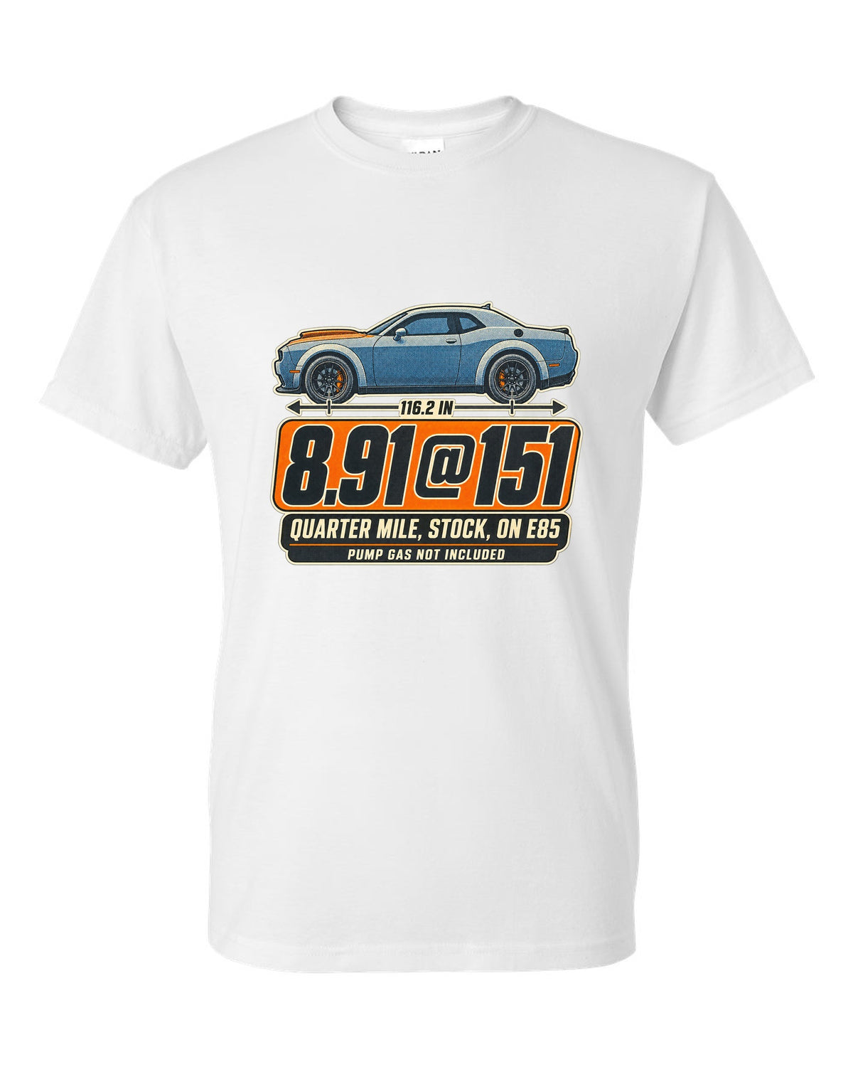 Dodge Challenger SRT Demon 170 halftone print with quarter mile time on E85 white t-shirt front view with the design
