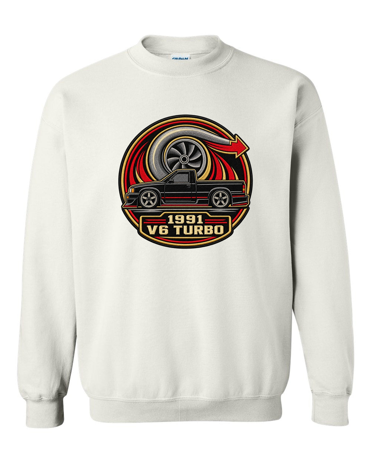 Varsity round embroidery-style design for a 1991 GMC Syclone reading 1991 / V6 TURBO white crewneck front view with the design