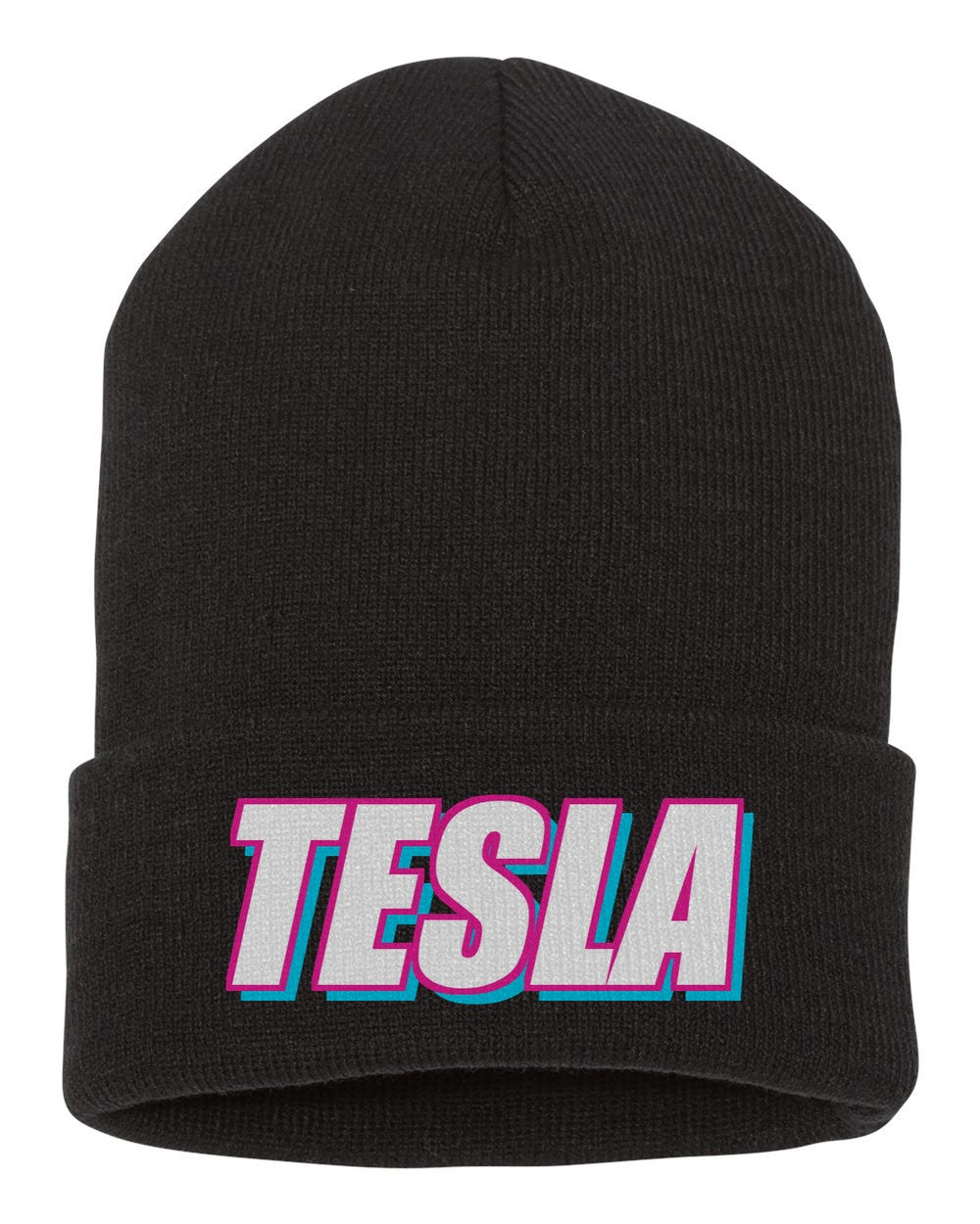 Tesla black beanie front view with car name