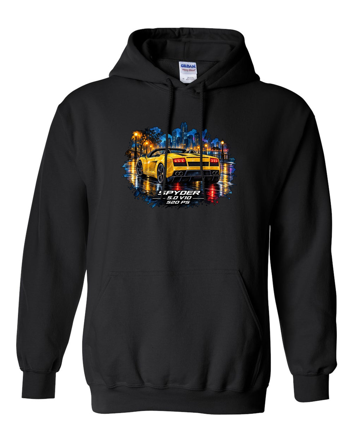 Watercolour wet-road night scene of a Lamborghini Gallardo Spyder with V10 and 520 PS text black pull over hoodie front view with the design