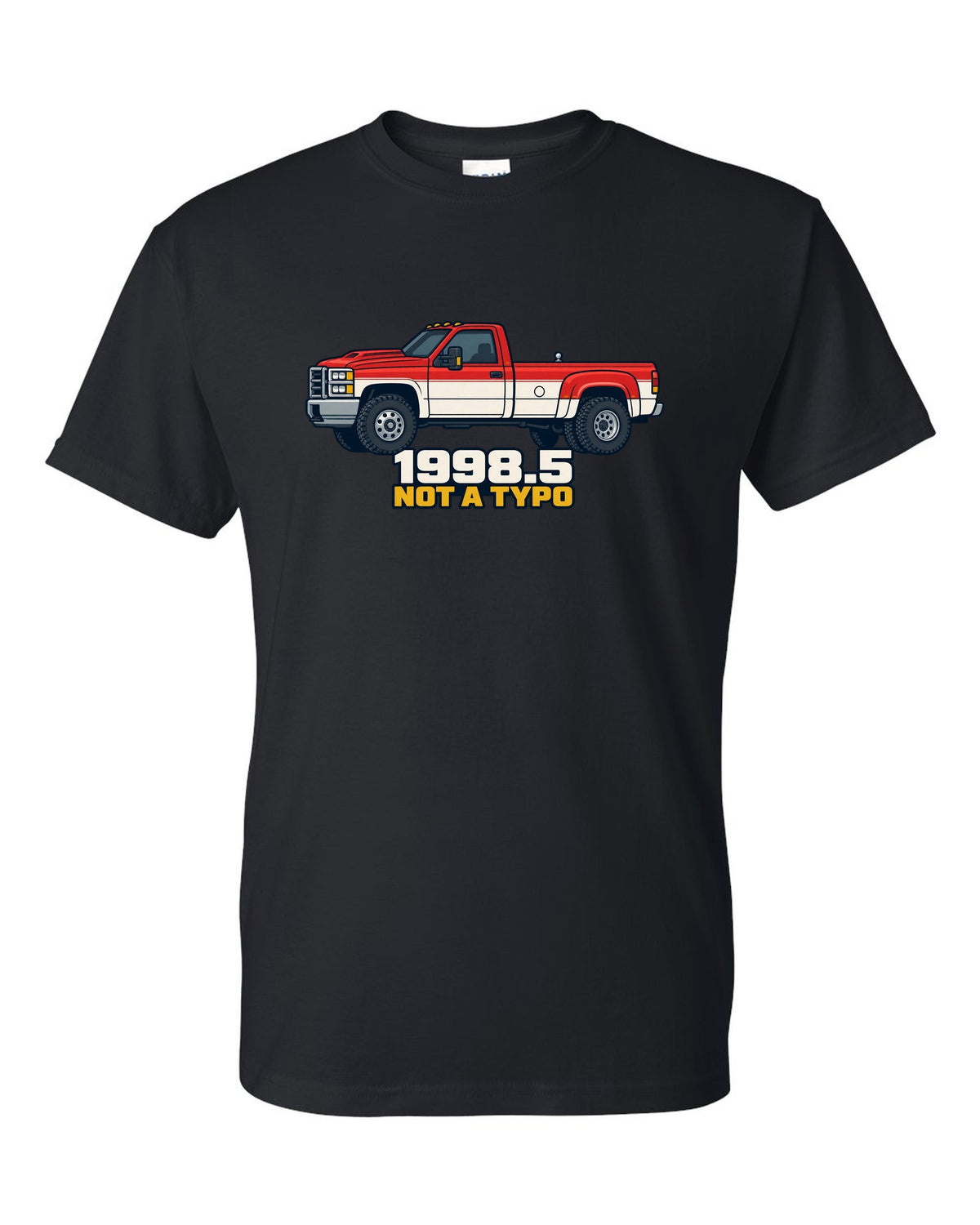 Flat vector poster print of a 1998.5-2002 Ram 2500 24V Cummins with 1998.5 Not A Typo text black t-shirt front view with the design